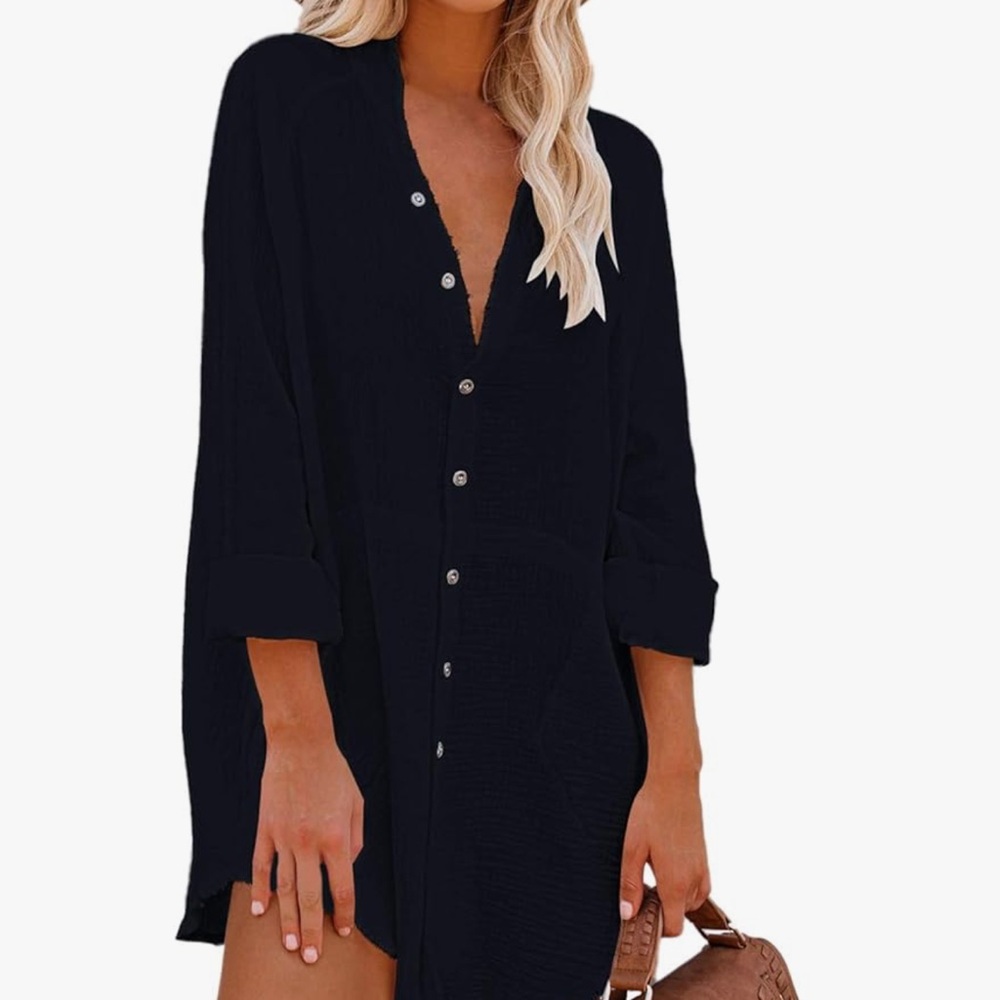 Black Gauze Button-Down Shirt Dress – Size M